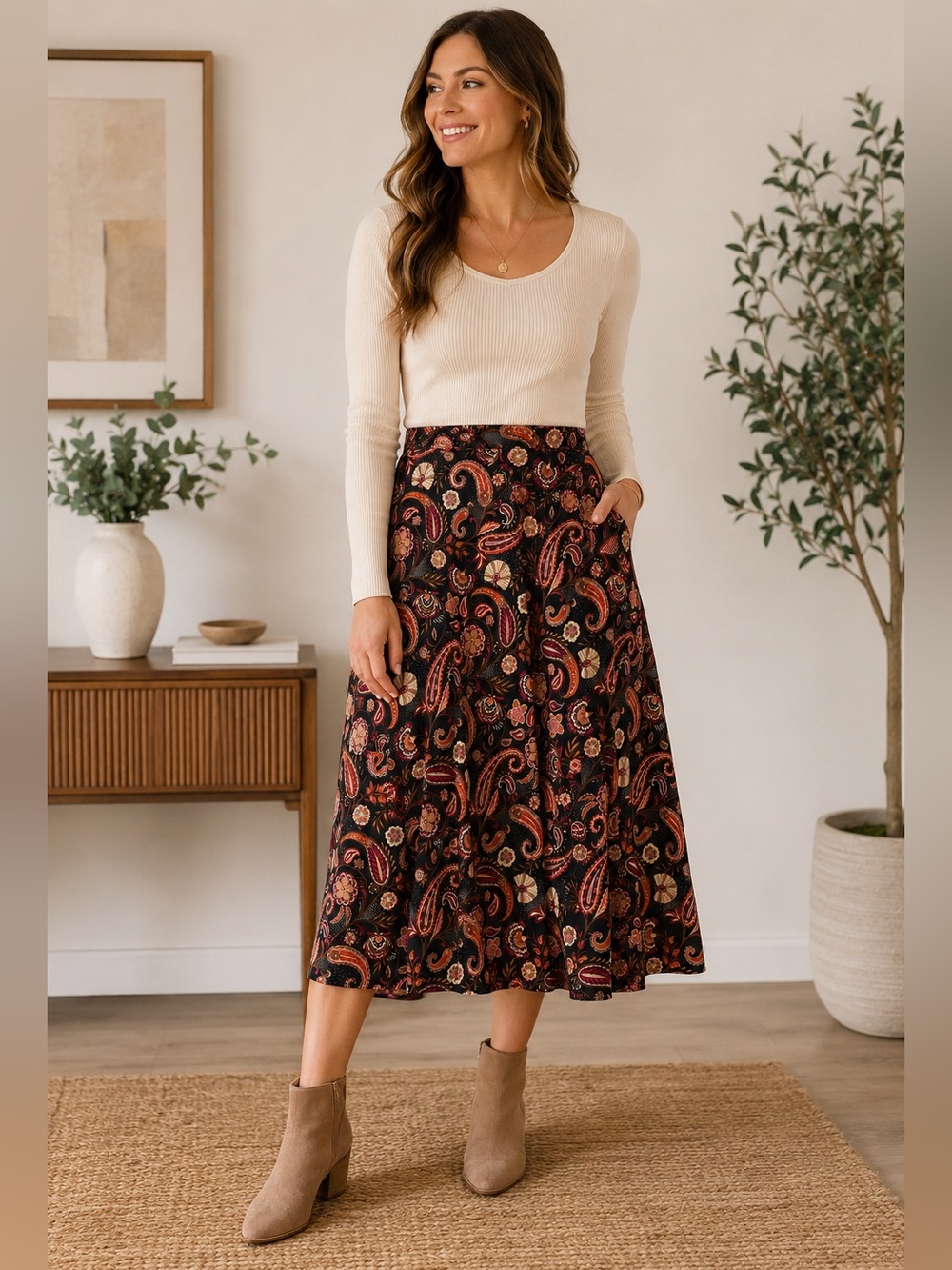 LOFT Paisley Midi Skirt Size Large | Pull-On Elastic Waist | Boho Floral